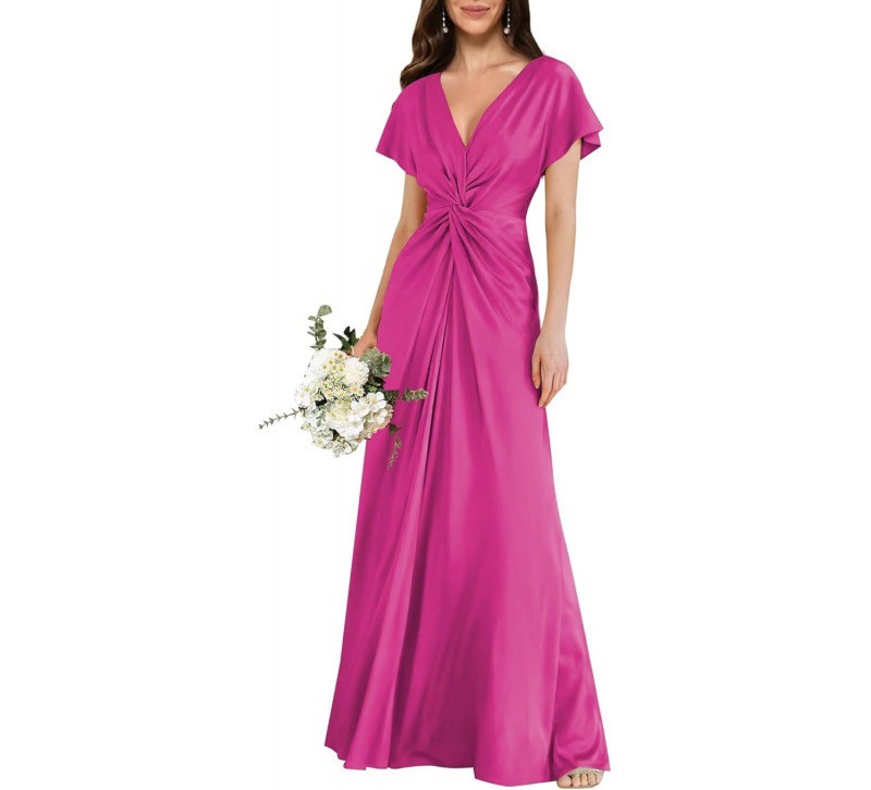Satin Short Sleeve A-Line Dress V-Neck Midi Formal Party Bridesmaid