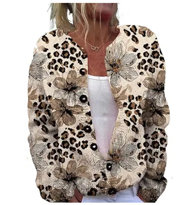 Women's Floral Leopard Snowflake Leaf Print Button Cardigan Sweater
