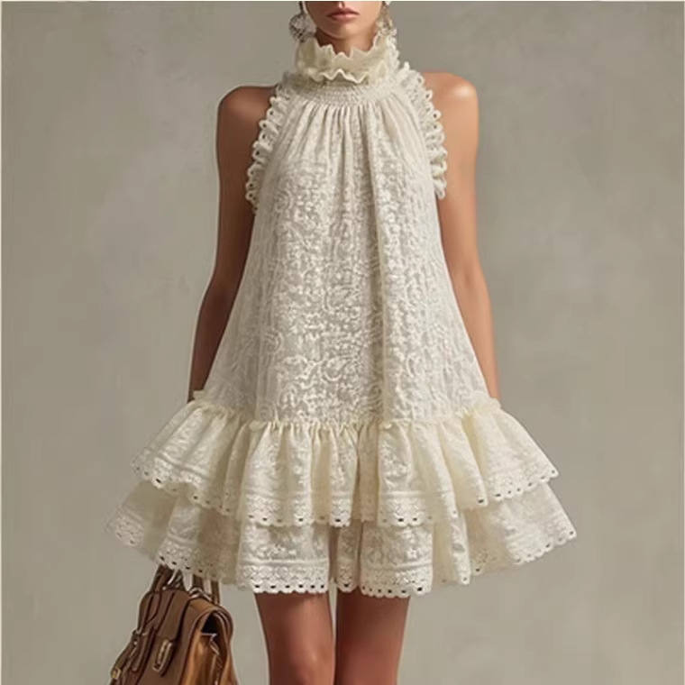 Beige Lace Sleeveless Ruffle Mini Dress