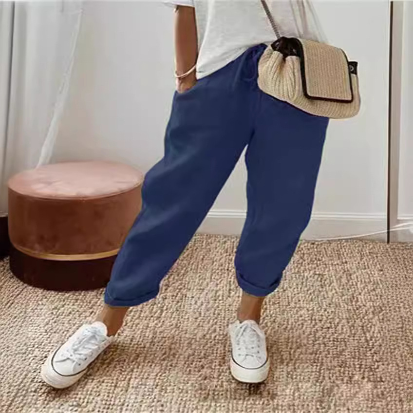Women's Cotton Pants with Pockets Elastic Waist Relaxed Fit