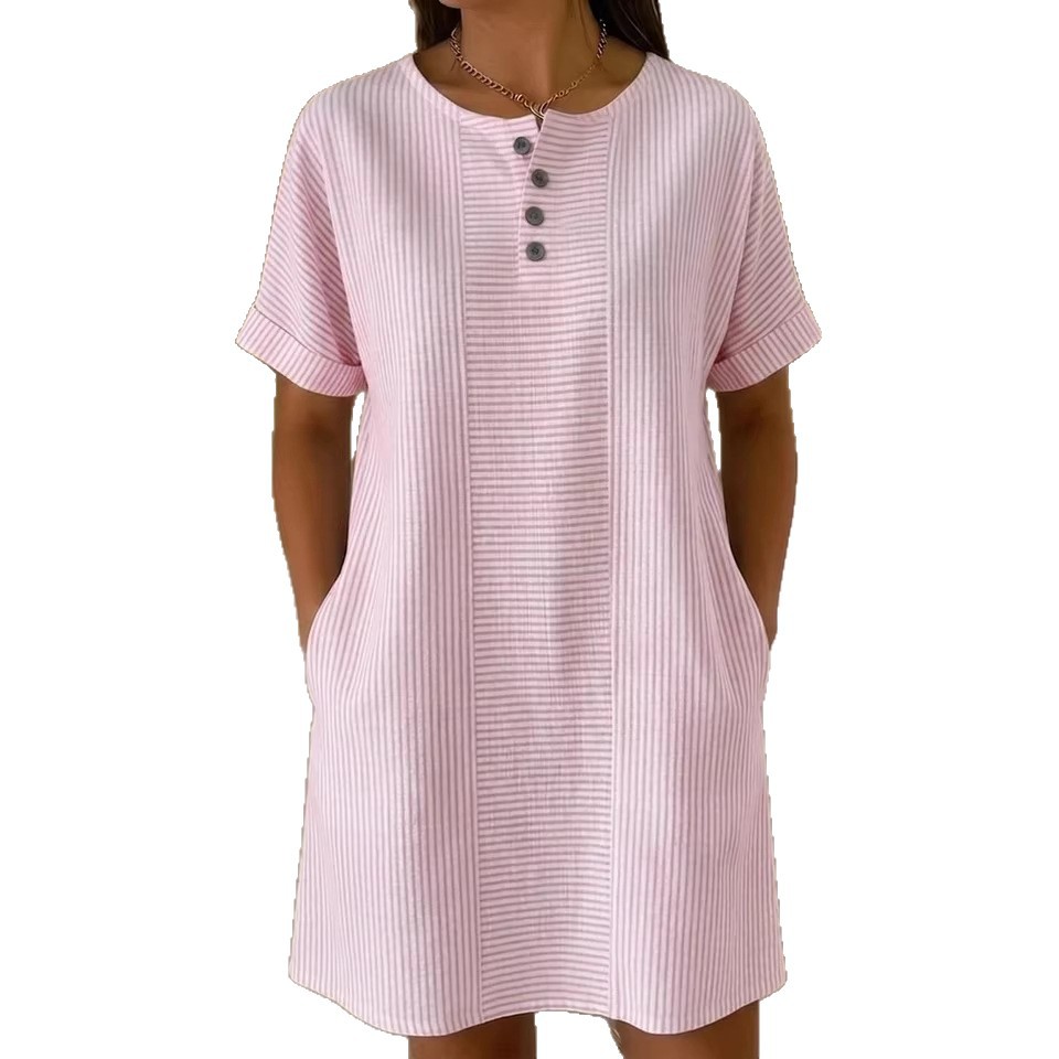 Women's Button Round Neck Loose Pocket Casual Midi Dress