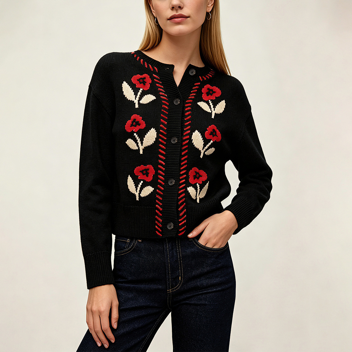 Retro Floral Knit Cardigan Women's Crewneck Button Long Sleeve Sweater