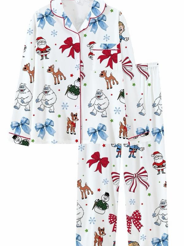 Cuban Collar Christmas Snow Monster Reindeer Print Long Sleeve Women's Set