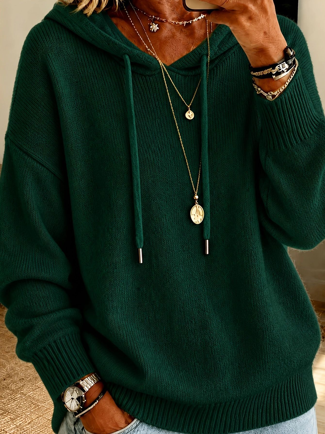 Women's Hooded Pullover Knit Sweater with Drawstring