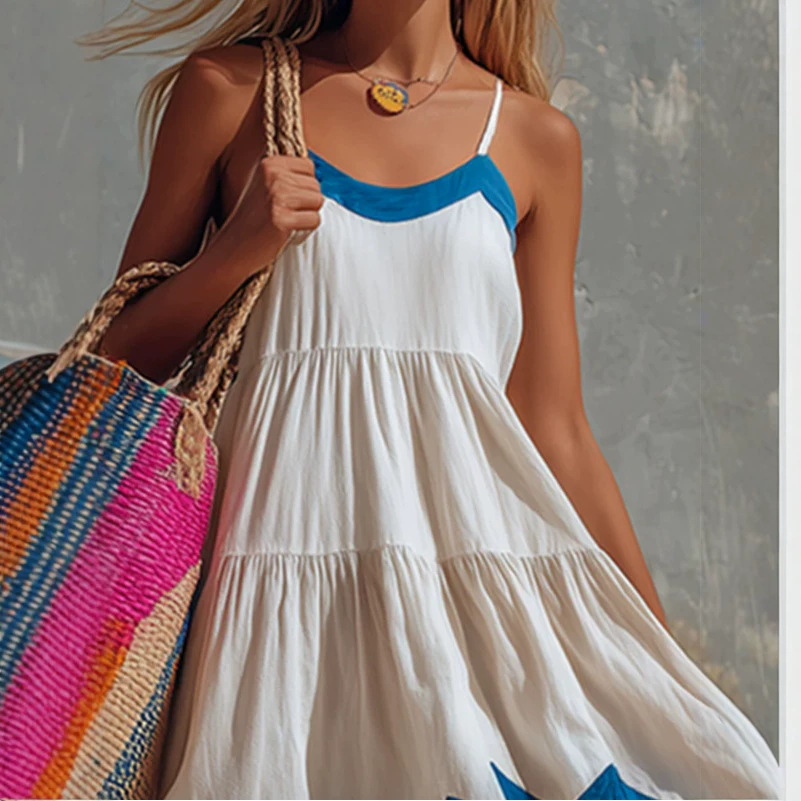 Retro Color-Block Wavy Edge Off-White Sleeveless Dress