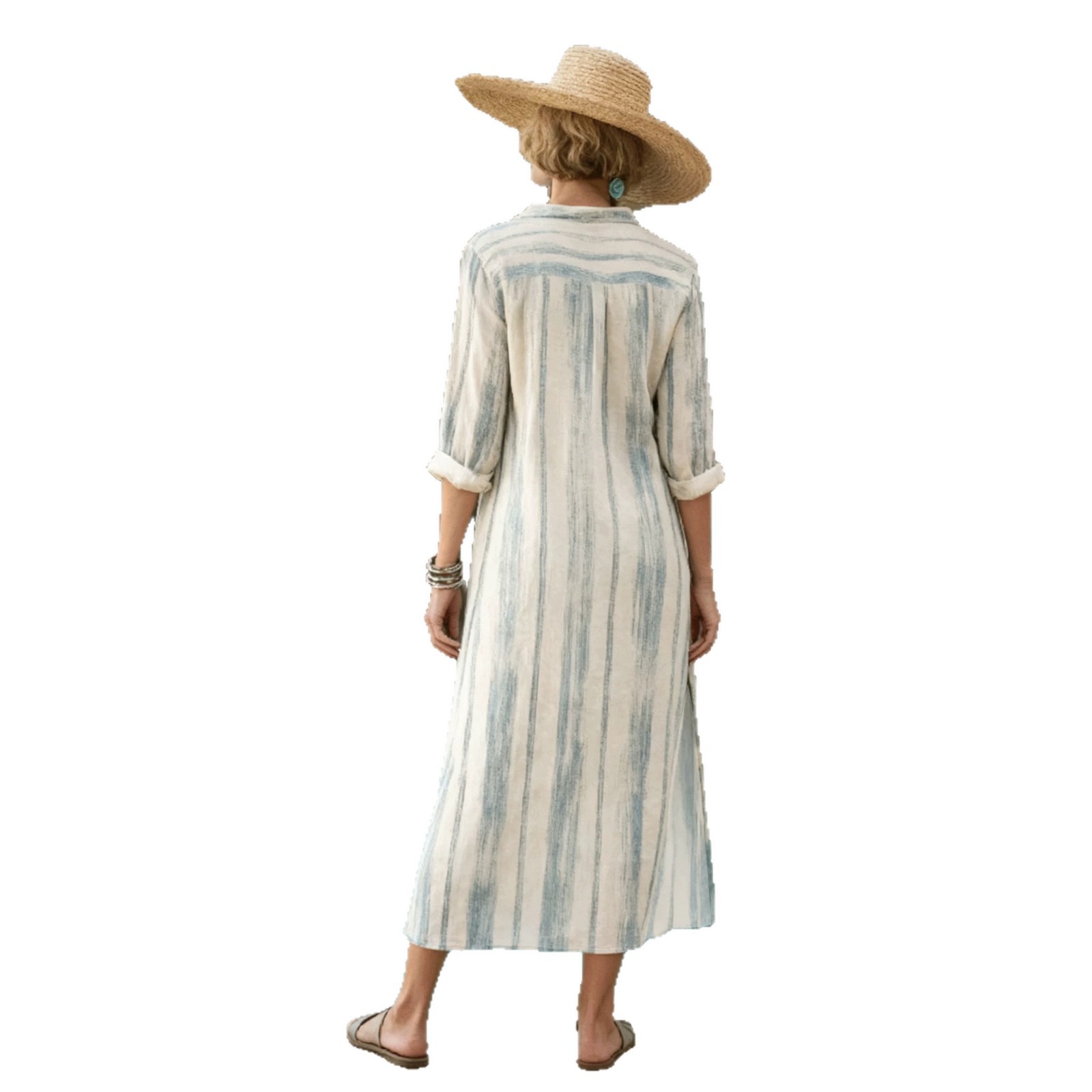 Striped Lapel Collar V-Neck Midi Dress