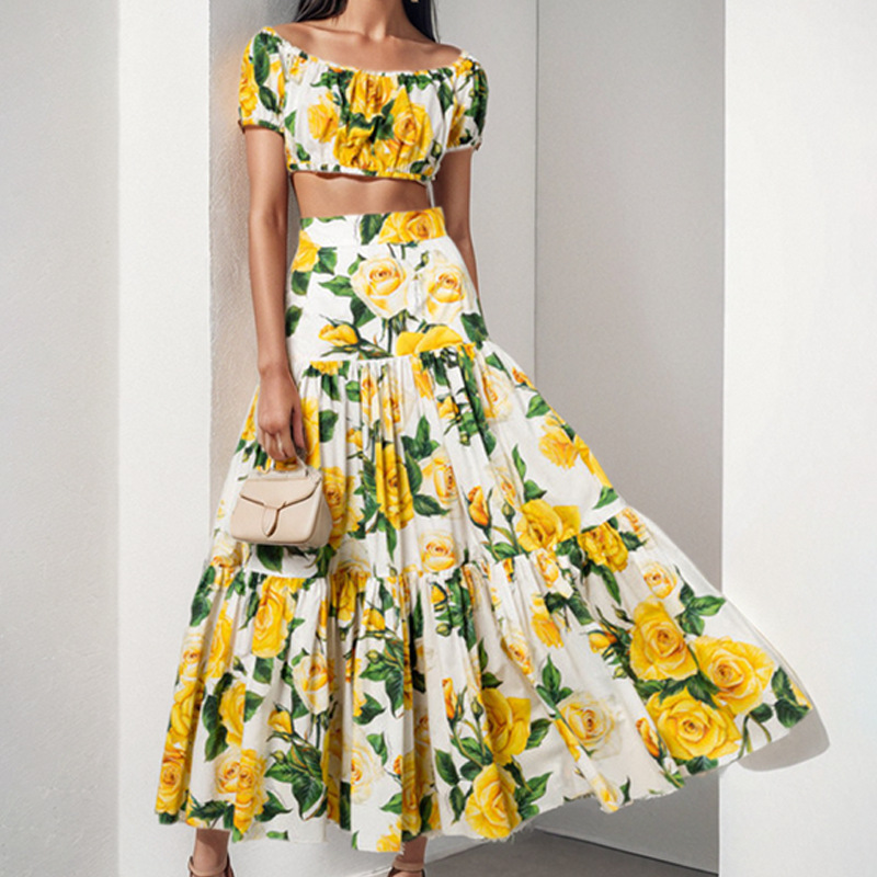Women's Botanical Print Two-Piece Skirt Set Long Sleeve