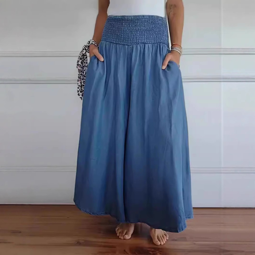 Women's Smocked Wide-Leg Pants with Elastic Waist