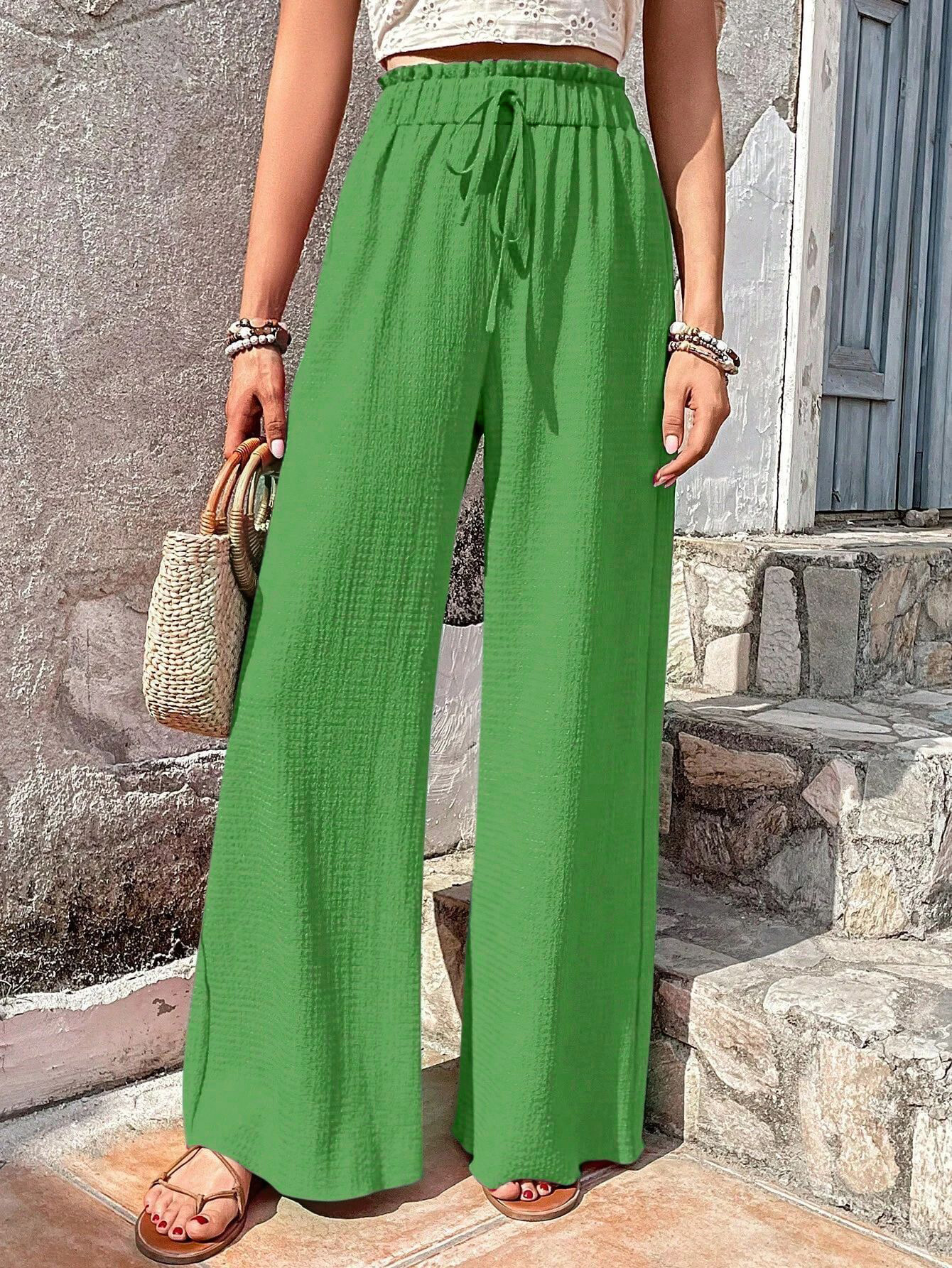 Bubble Plaid Wide-Leg Casual Pants for Women