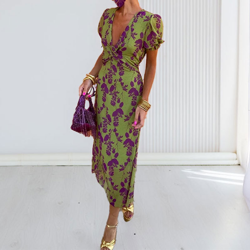 Floral Print V-Neck Ruched Waist Slim Fit Midi Dress