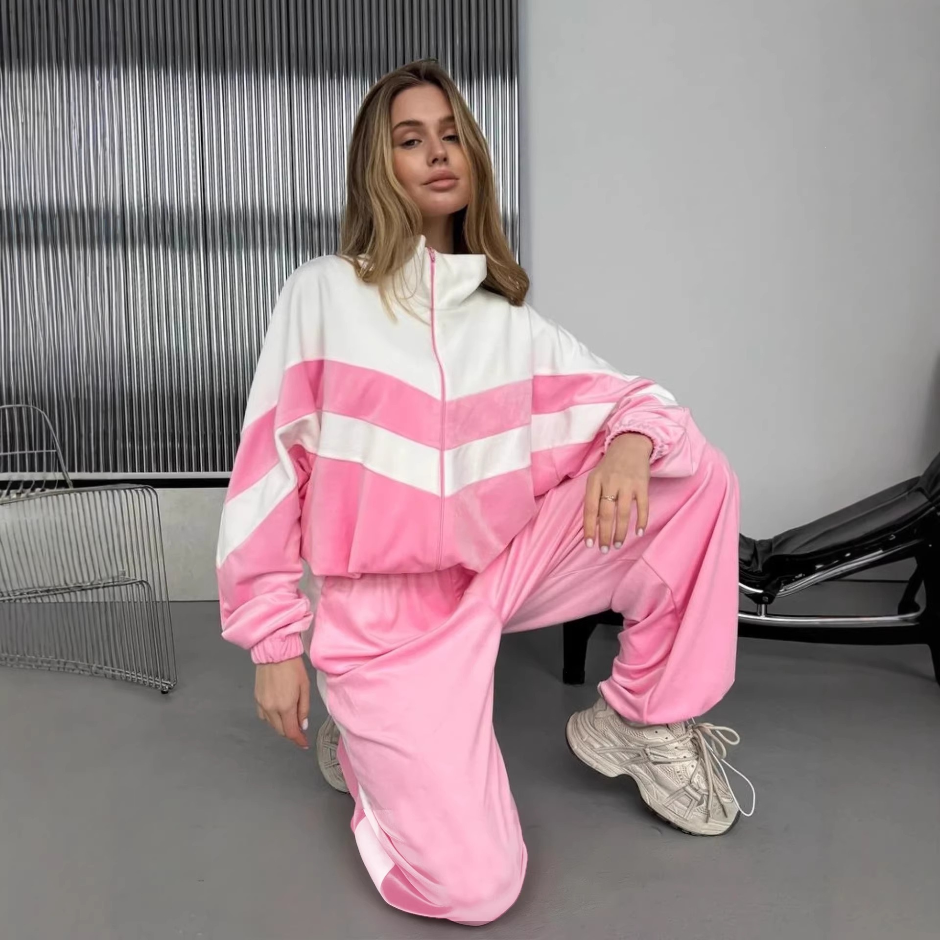 Women's Colorblock Zip Cardigan & Wide-Leg Pants Set