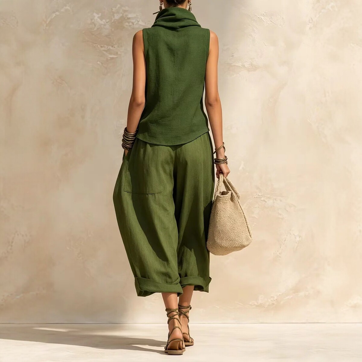Women's Simple Draped Neck Wide-Leg Pants Linen Two-Piece Set