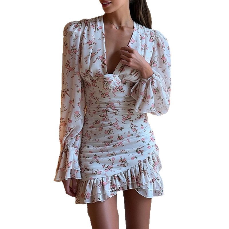 Women's Floral Print Long Sleeve A-Line Short Dress