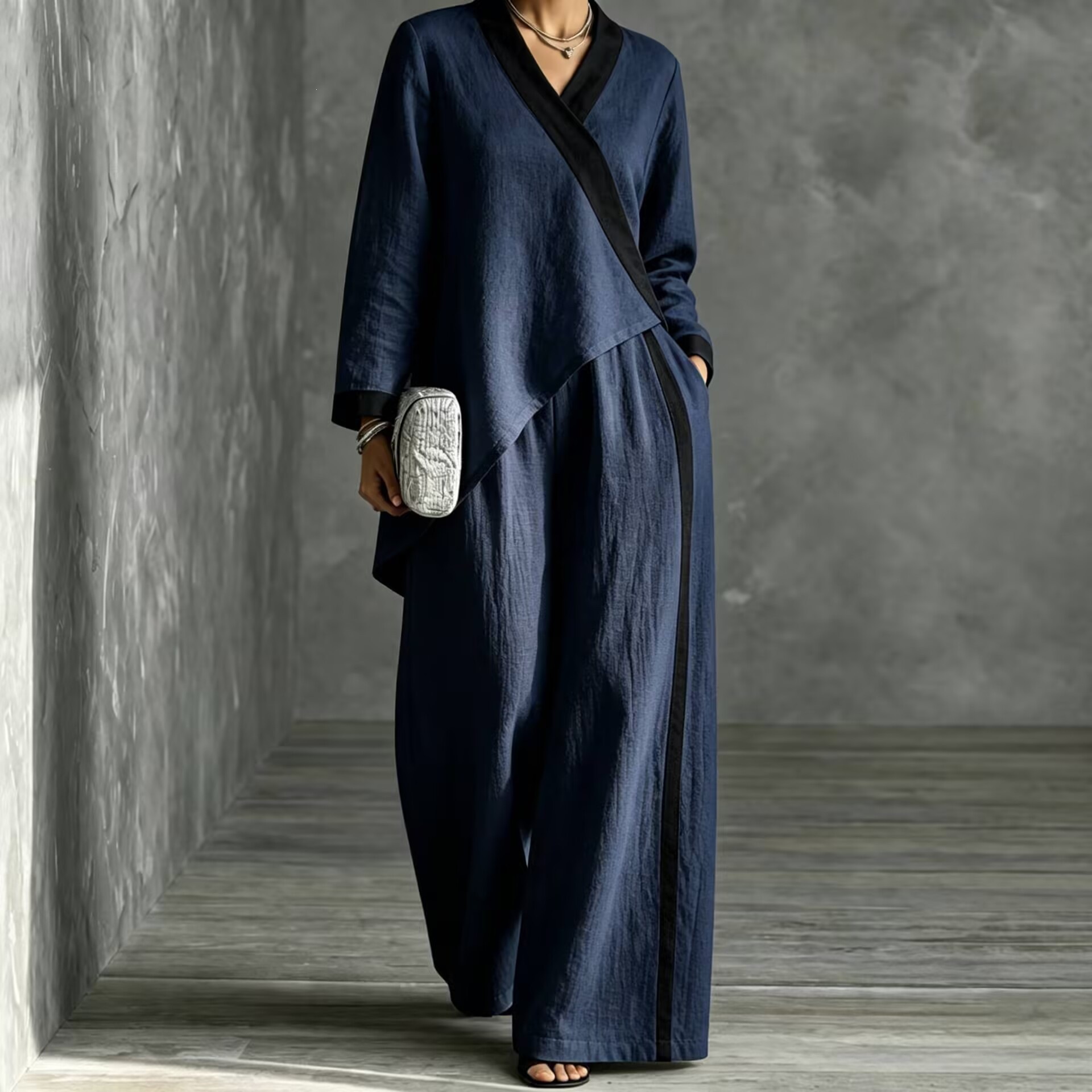 2026 Fall Cross-Border European and American Women's Fashion Color-Block V-Neck Asymmetrical Top Wide-Leg Pants Loose Casual Set