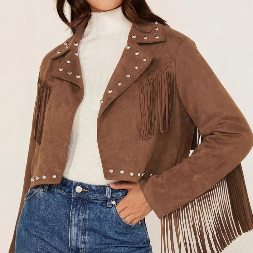 Fringe Suede Vest with Studs Sleeveless Hippie Jacket Cropped