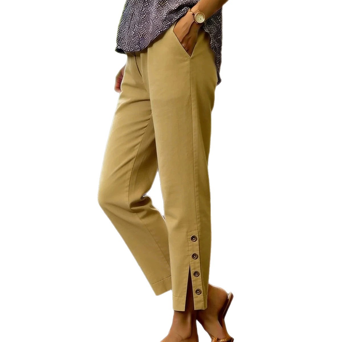 Women's Cotton-Linen Straight-Leg Cropped Pants with Side Buttons