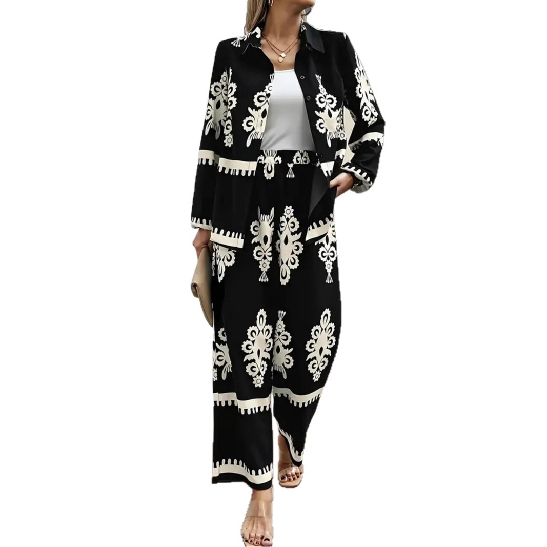 Geometric Print Long Sleeve Shirt & Wide-Leg Pants Two-Piece Set