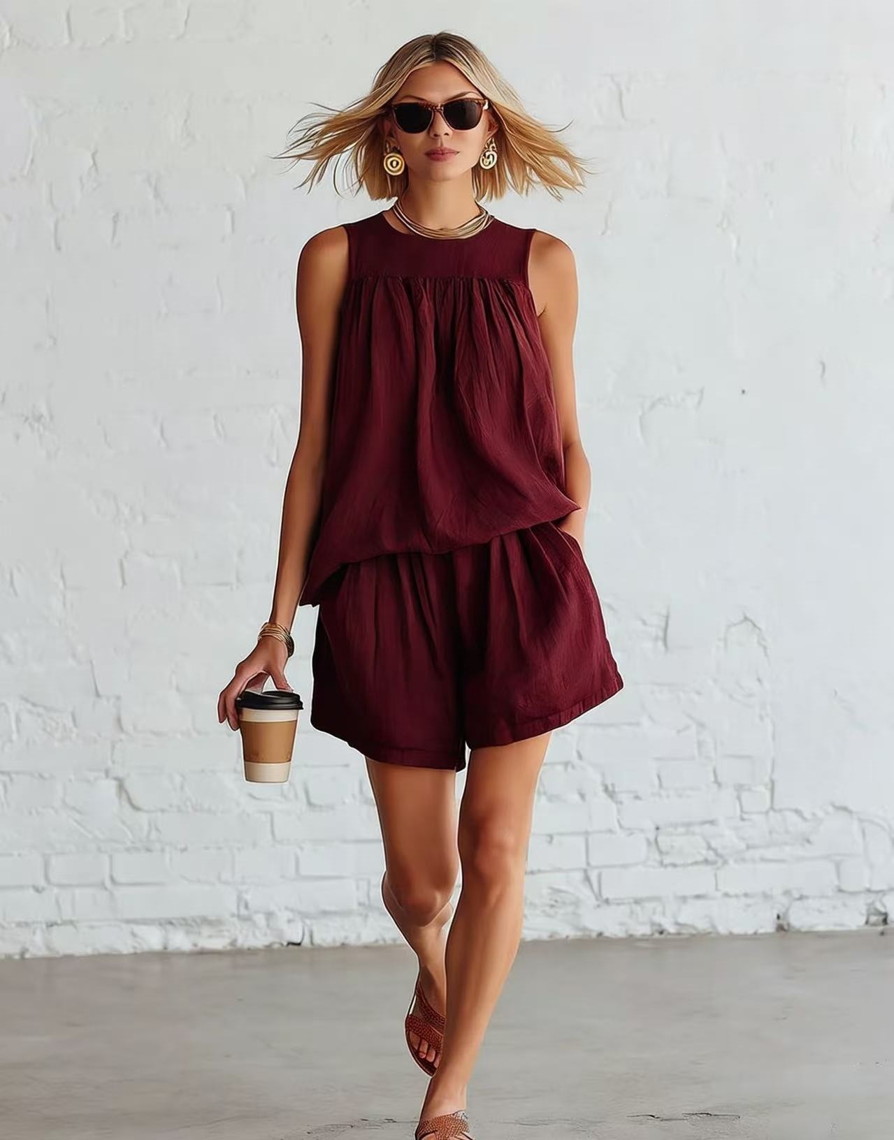 Women's Sleeveless Ruched Top and Wide-Leg Shorts Set