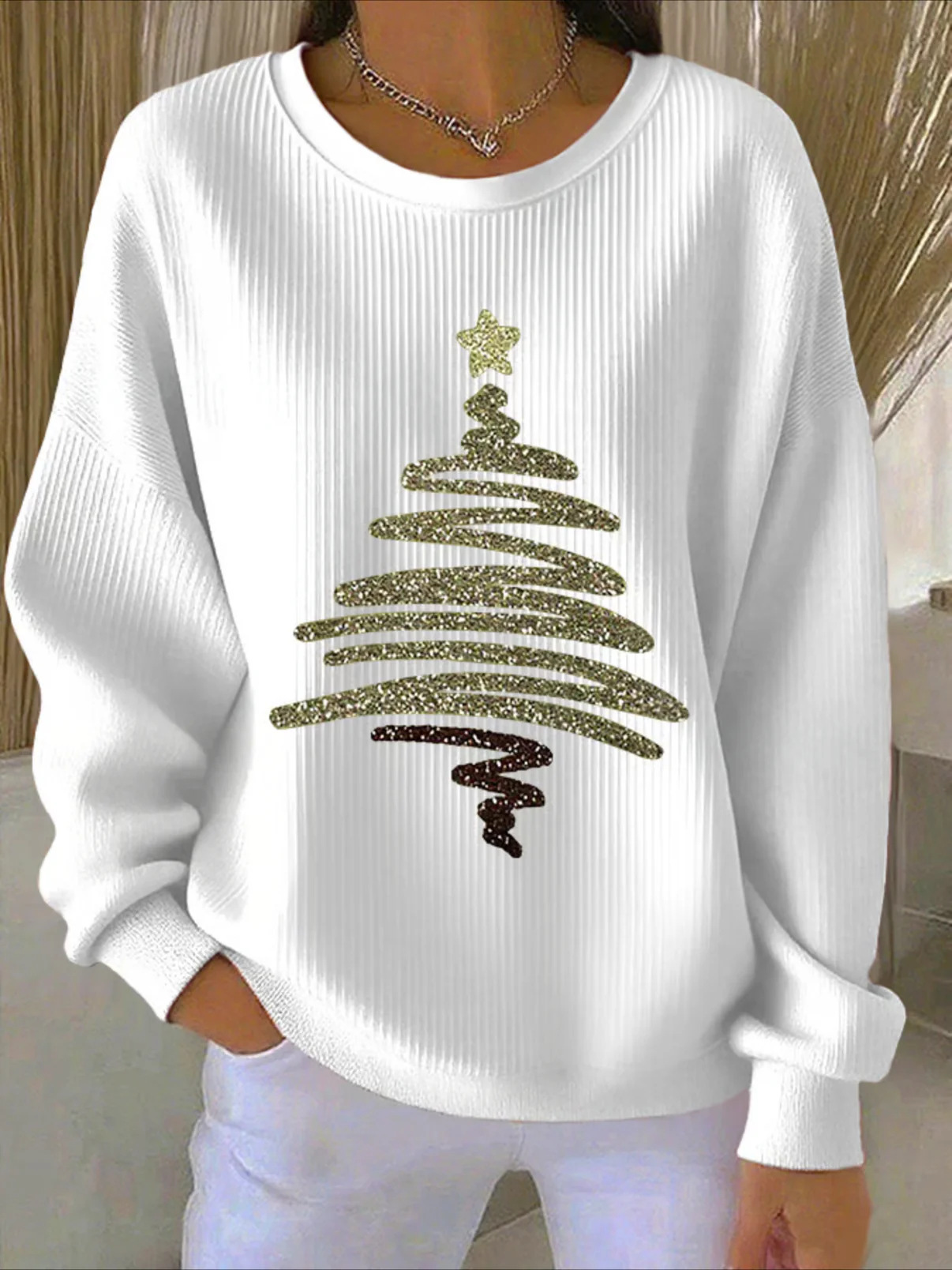 Women's Pumpkin Christmas Tree Bow Print Crewneck Sweatshirt