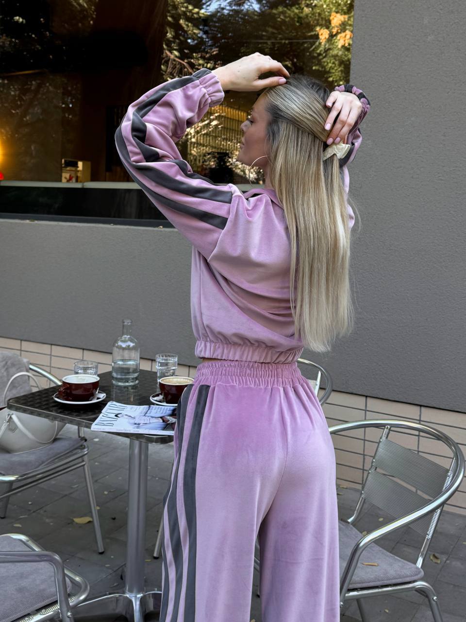 Striped Velvet Stand-Collar Long-Sleeve Top & Wide-Leg Pants 2-Piece Set
