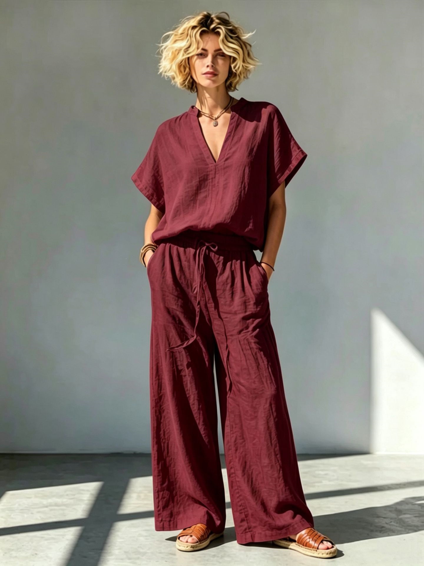 Women's Cotton-Linen V-Neck Short-Sleeve Shirt & Wide-Leg Pants Set