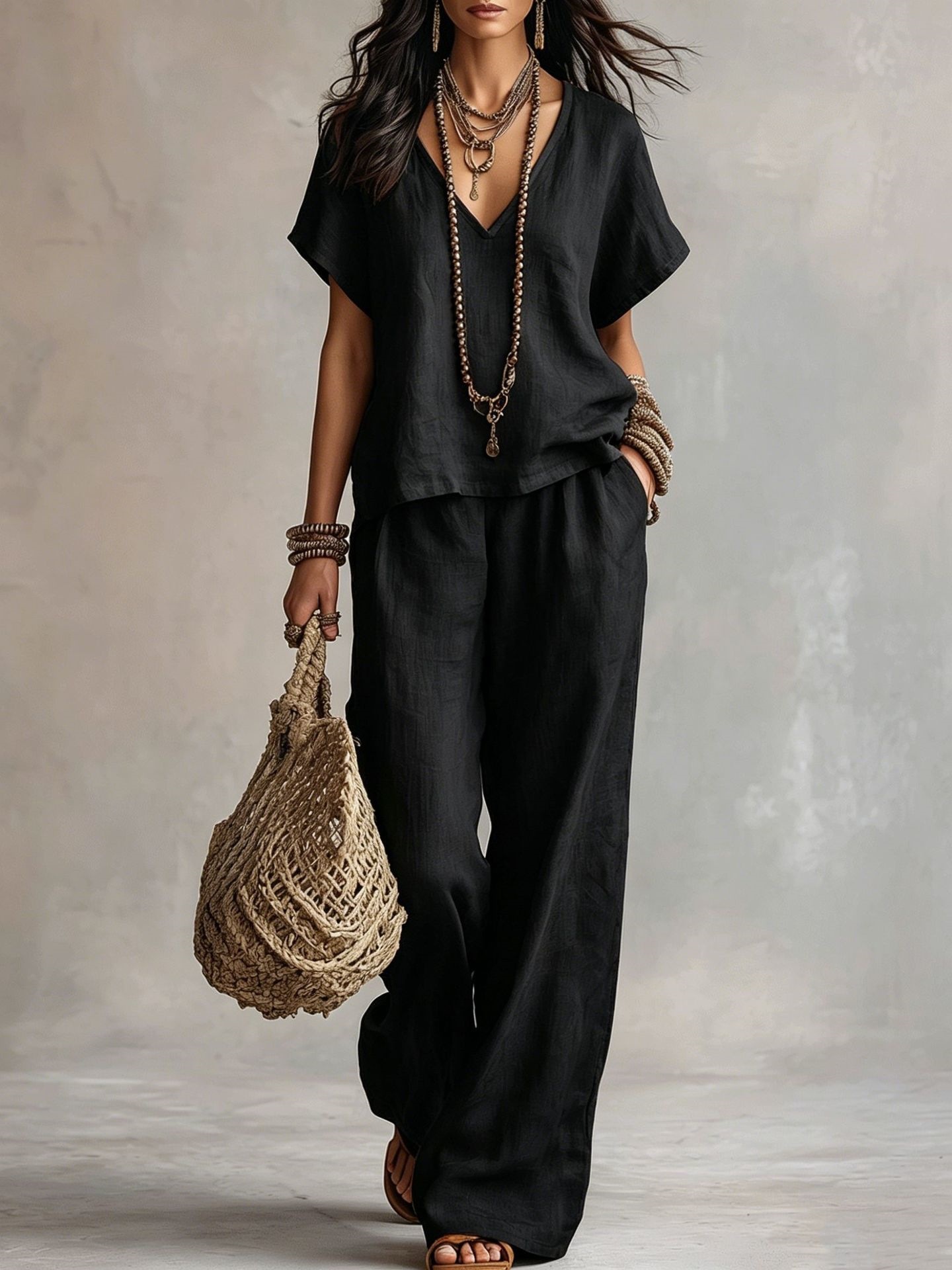 Women's Casual Solid V-Neck Short Sleeve Top & Pants Two-Piece Set