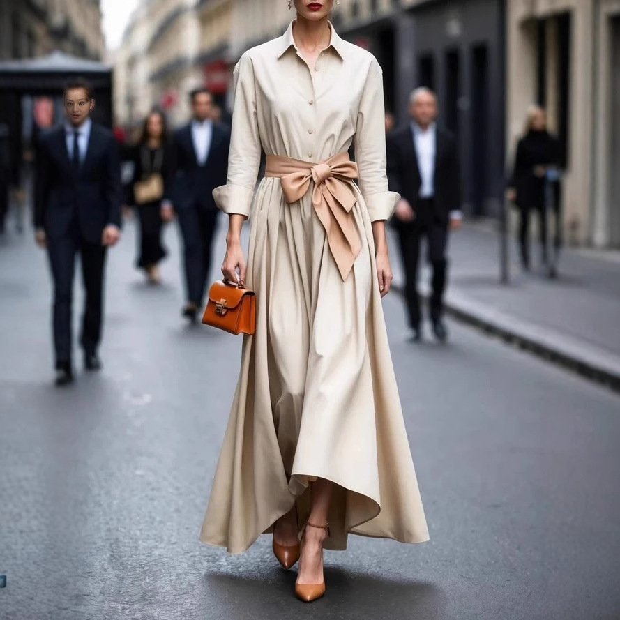 Long Sleeve Collared Solid Long Dress with Tie Belt