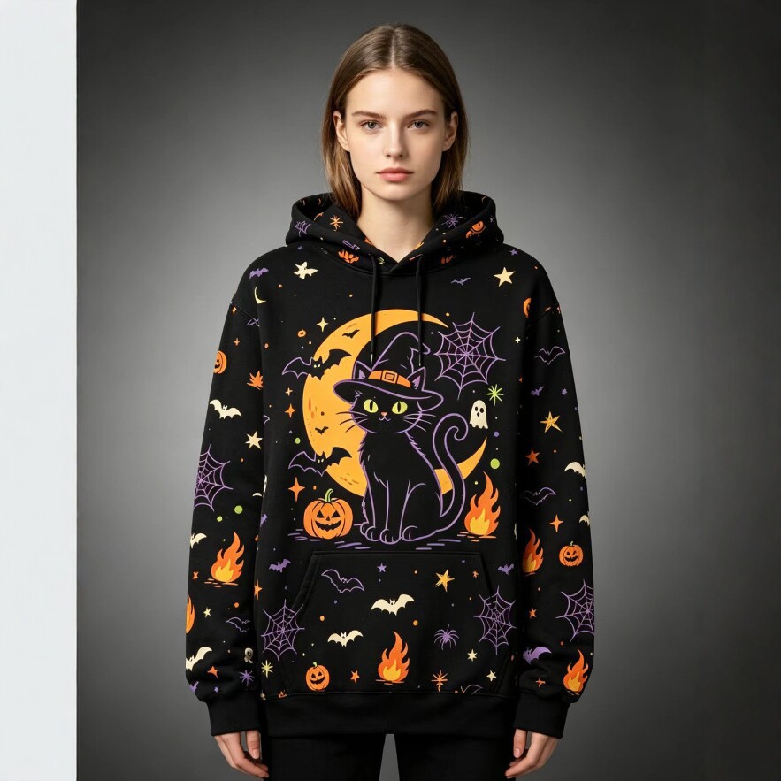 Women's Halloween Print Hoodie Cat Ghost Pullover