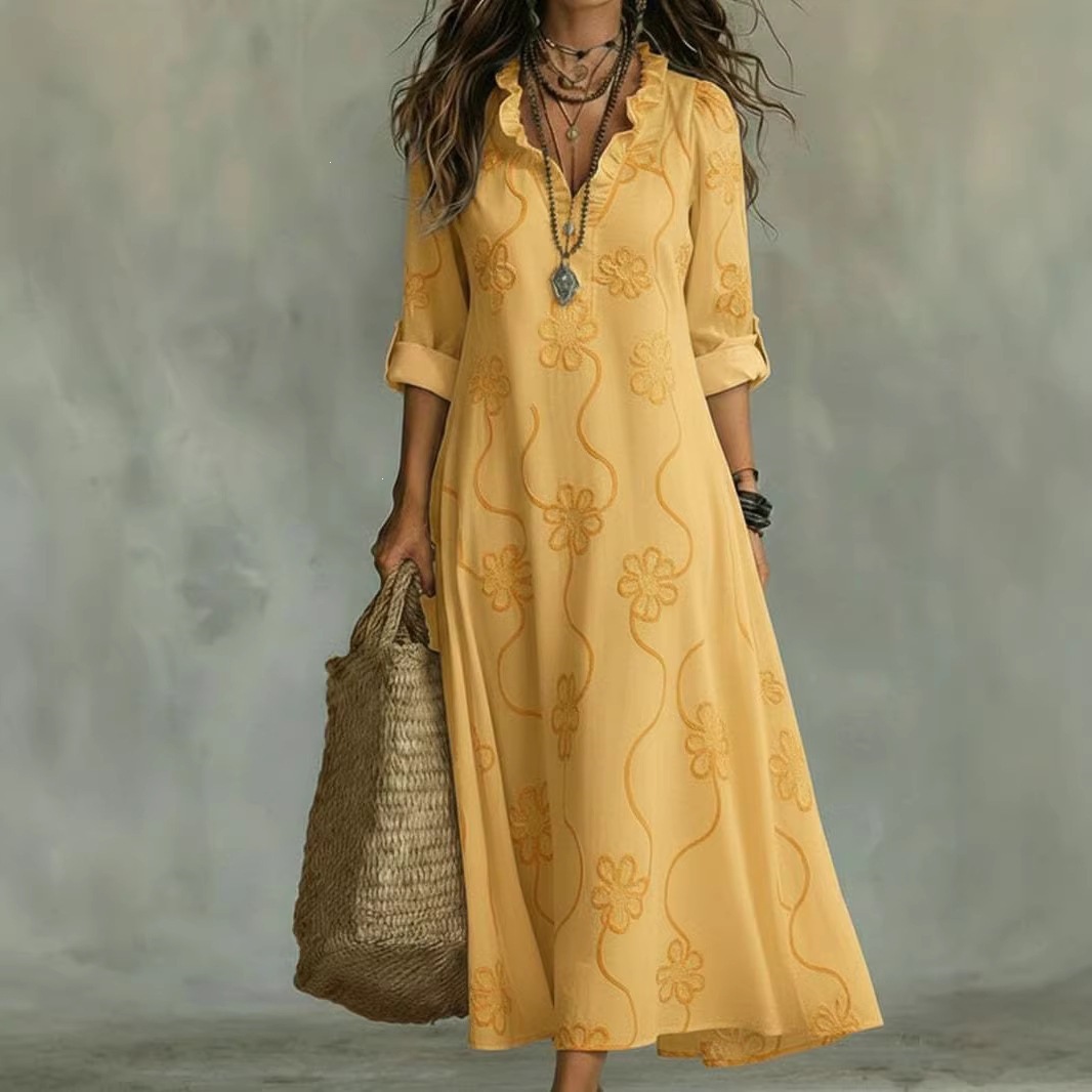 3D Digital Print Long Sleeve Plus Size A-Line Dress