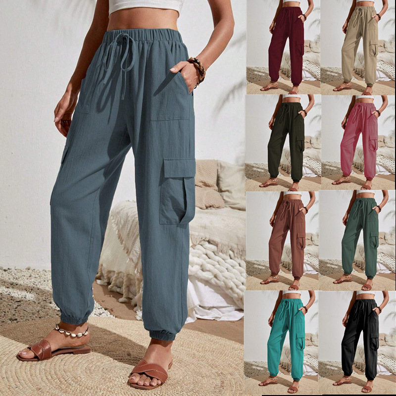 Women's Solid Color Cargo Pants with Pockets, Casual Slim Fit
