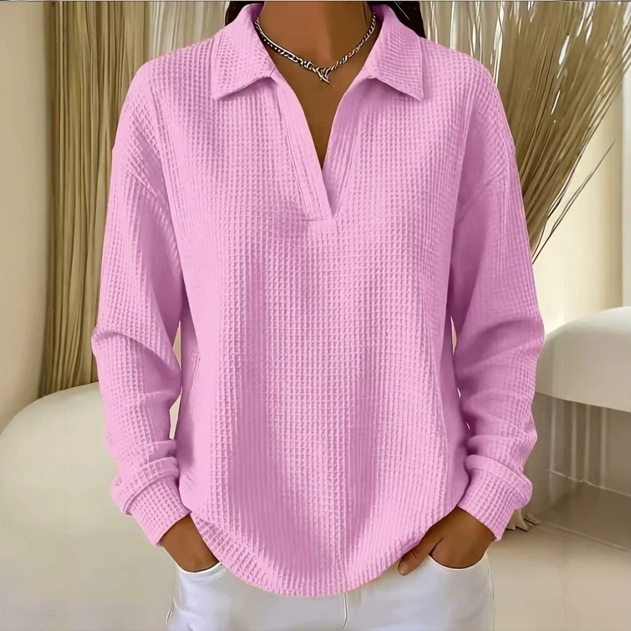 Waffle Knit V-Neck Pullover Top with Collar and Drop Shoulders