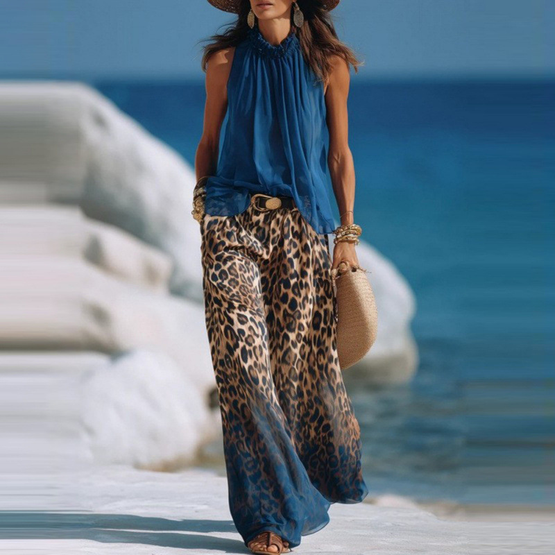 Blue Halter Sleeveless Chiffon Top and Leopard Gradient Wide-Leg Pants Set