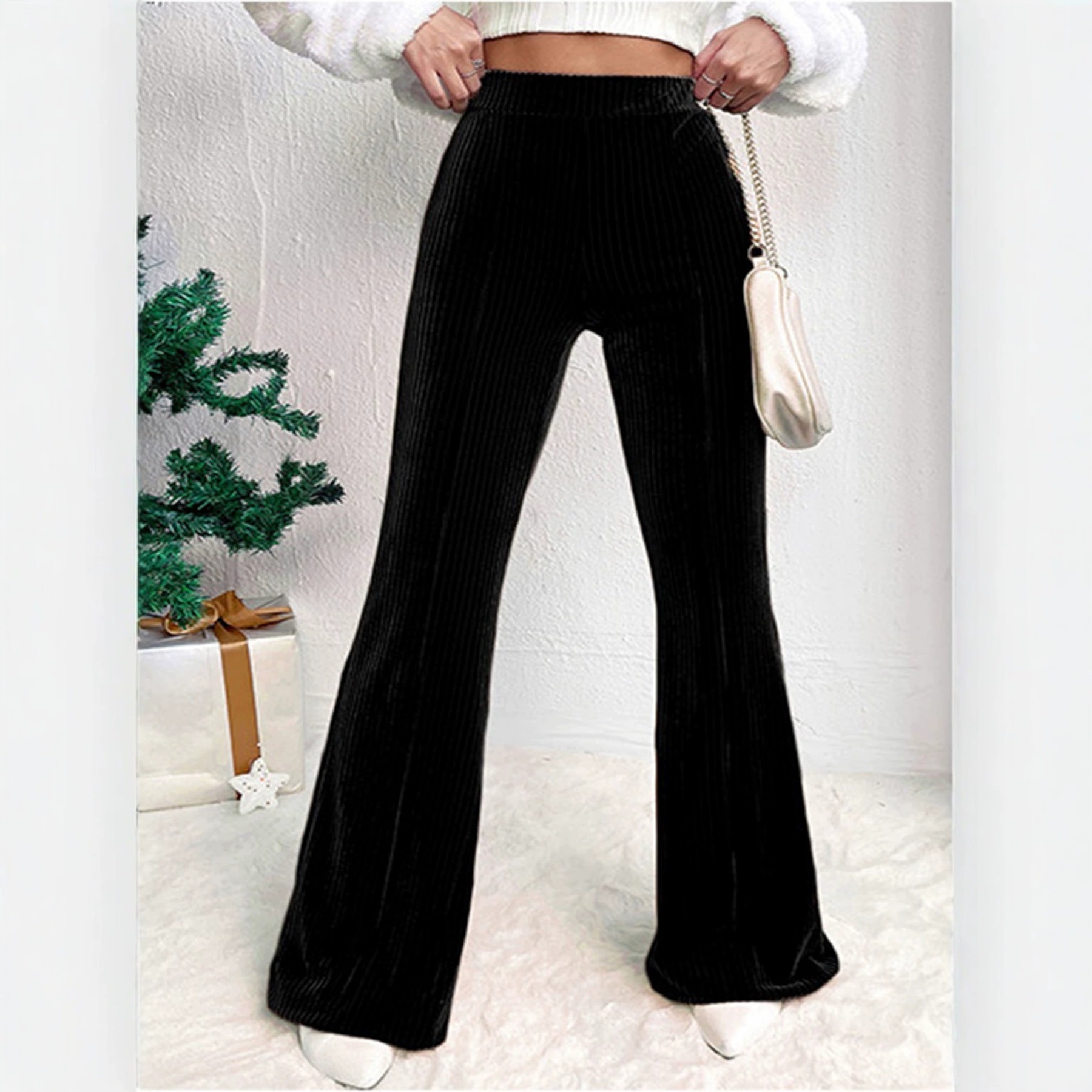 Ribbed Velvet High-Waist Flare Pants with Pockets