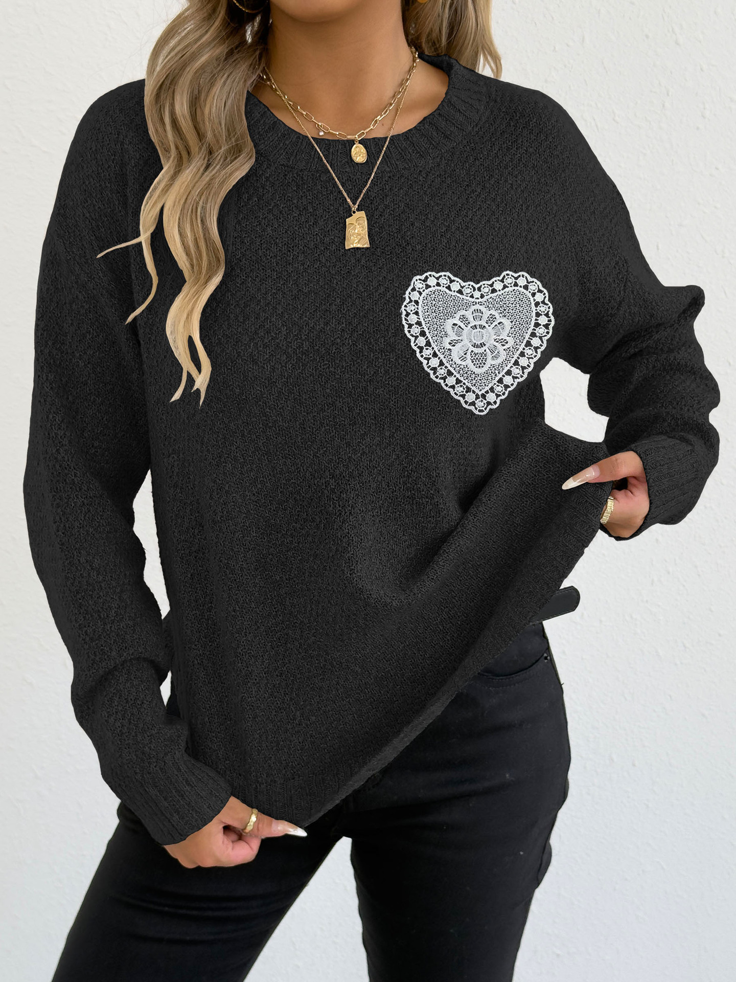 Women's Hollow Lace Pocket Faux Fur Knit Pullover Sweater Crew Neck