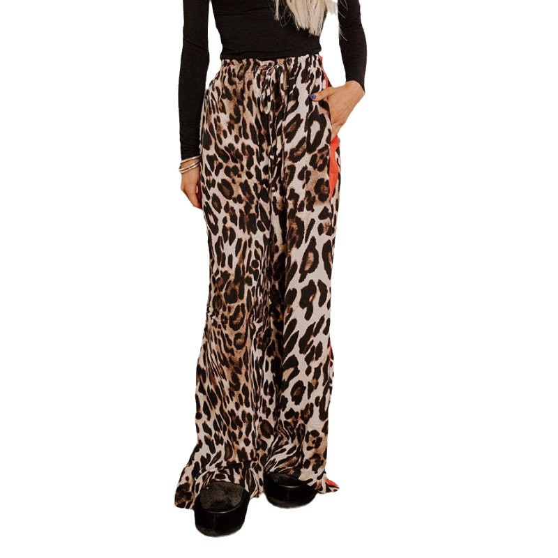 Leopard Print Patchwork Wide-Leg Casual Pants
