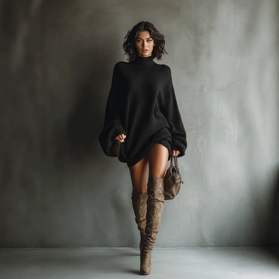 Retro Turtleneck Knit Mini Dress Loose Slouchy Sweater Dress