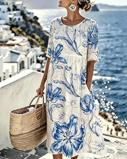 Women's Floral Print Midi Dress with Pockets