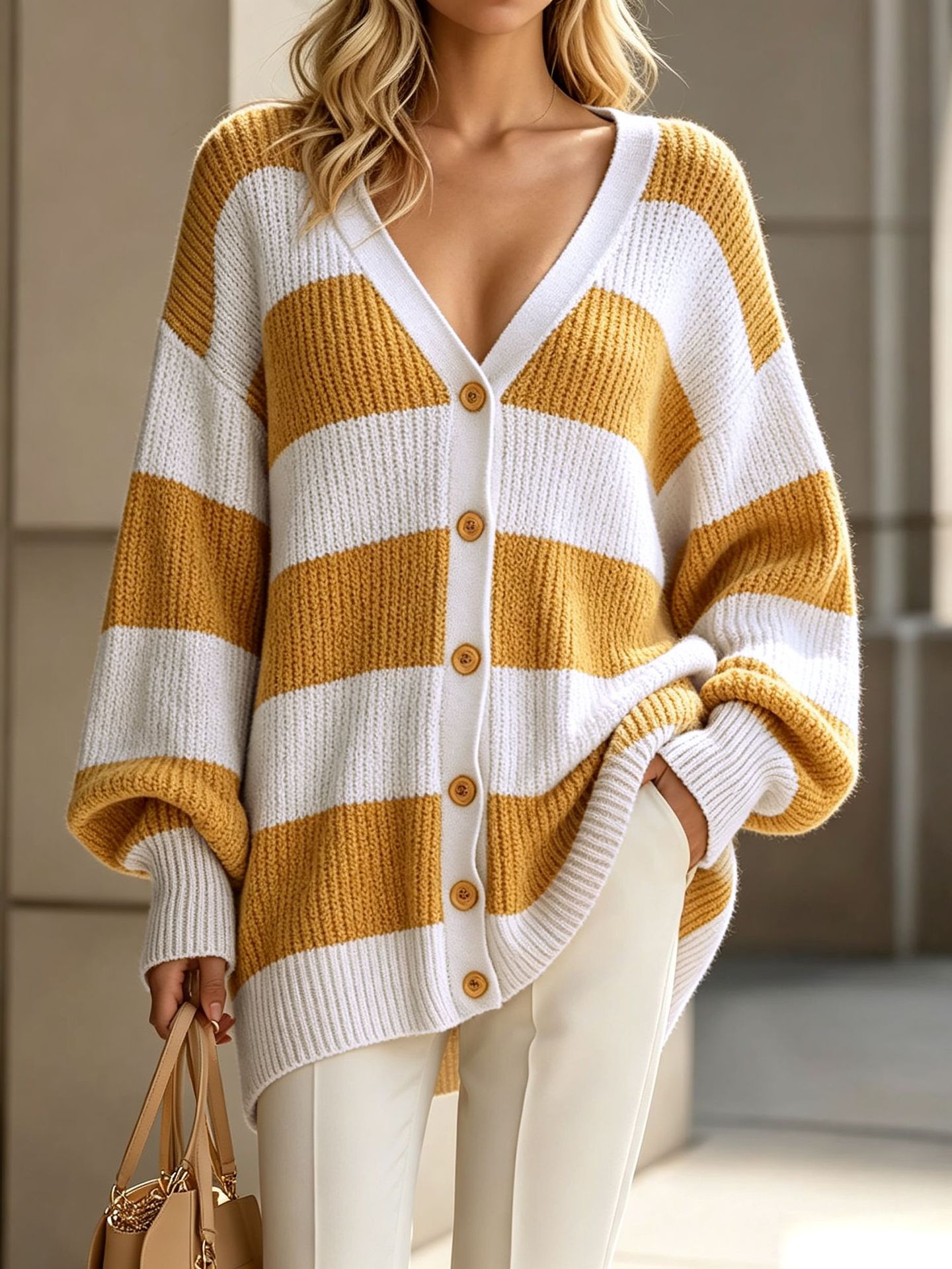 Women's Striped Knit Button-Front Cardigan Sweater