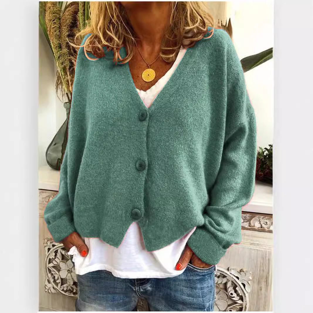 Women's Casual Loose Knit Cardigan Sweater V-Neck Batwing Sleeve Solid Color