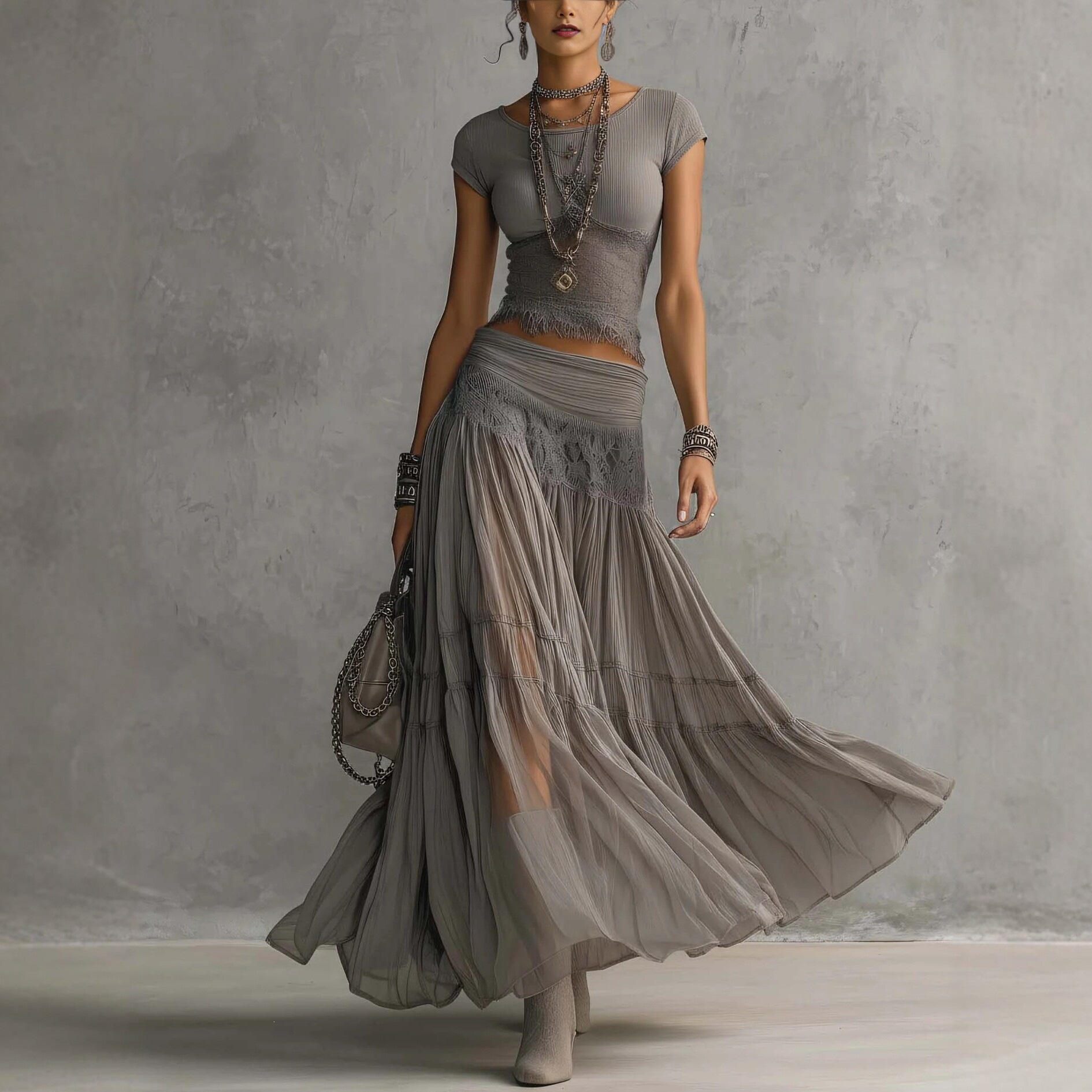 Gray Knit Top & Chiffon Maxi Skirt Two-Piece Set