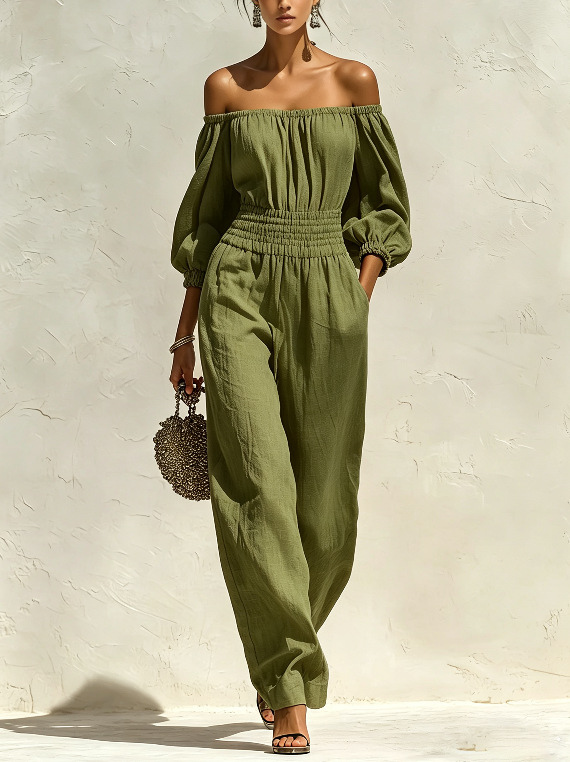 Women's Off-Shoulder Long Sleeve Wide Leg Jumpsuit with Elastic Waist