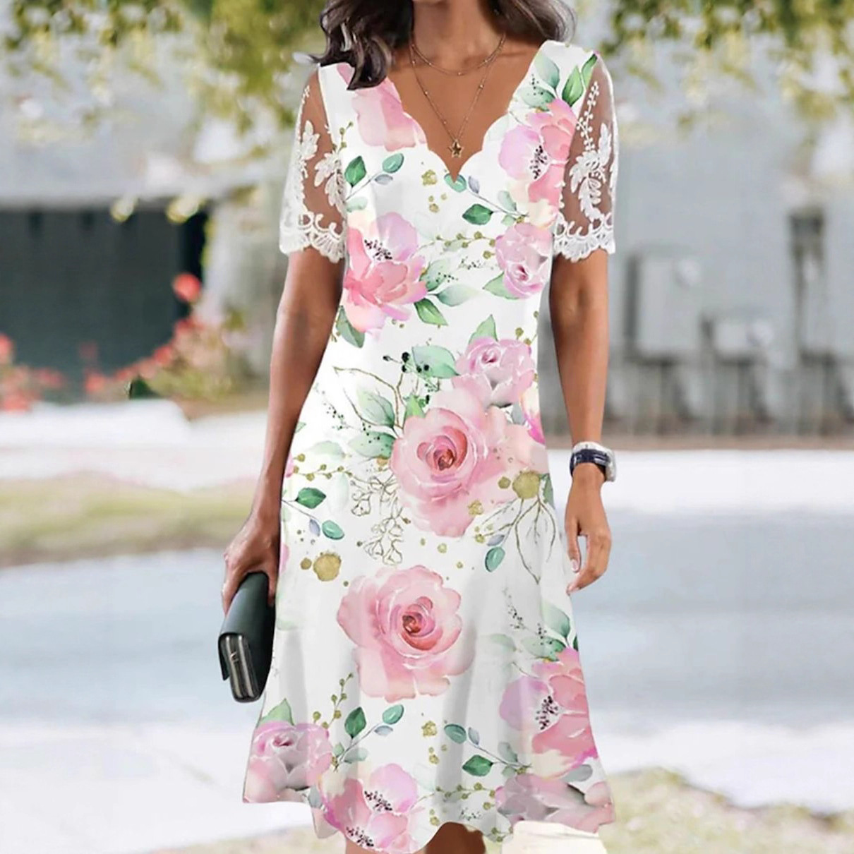 Women's Floral Print Lace Short Sleeve Wave Neck Dress