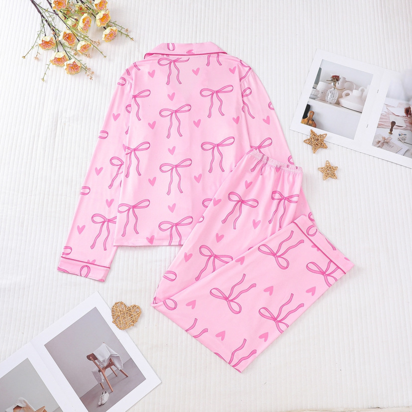 Cuban Collar Ribbon Bow Print Long Sleeve Women's Set