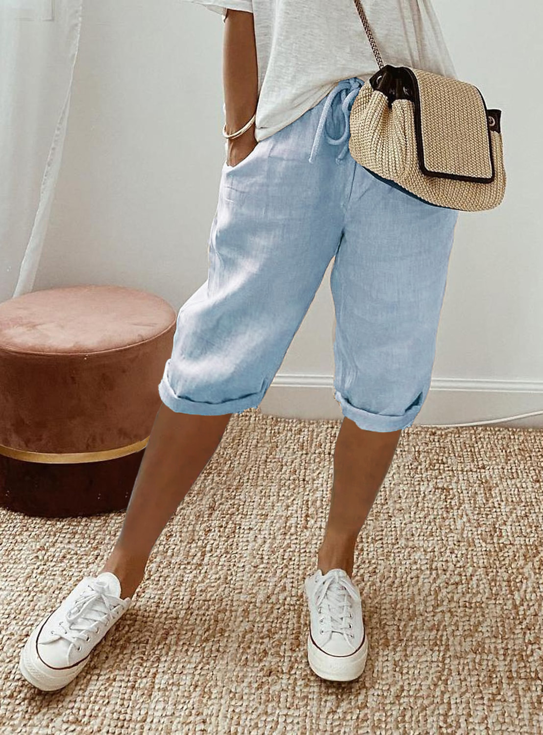 Women's Cotton-Linen Elastic Waist Casual Shorts with Pockets