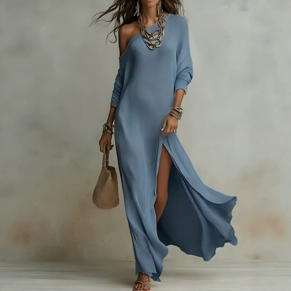 Elegant Long Sleeve Knit Pleated Slit Sweater Dress