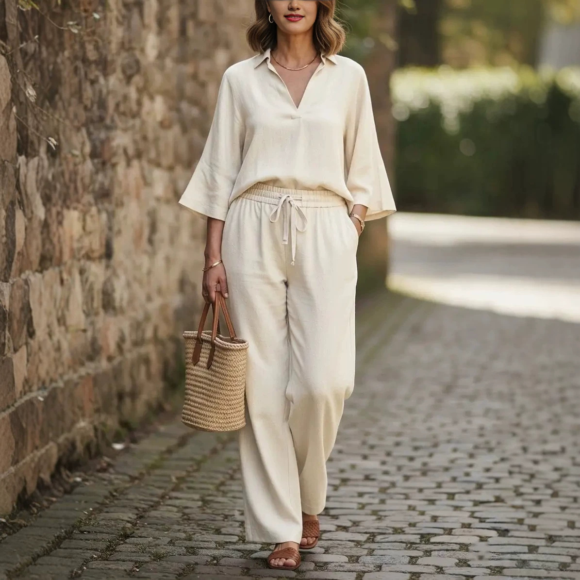 Women's Casual Shirt and Pants Set Solid Color Cotton Blend