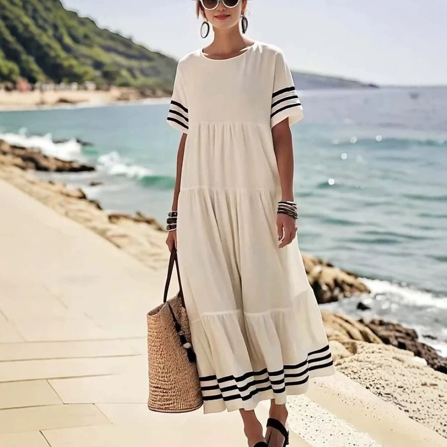 Women's Striped Round Neck Loose Long Dress Casual Vacation
