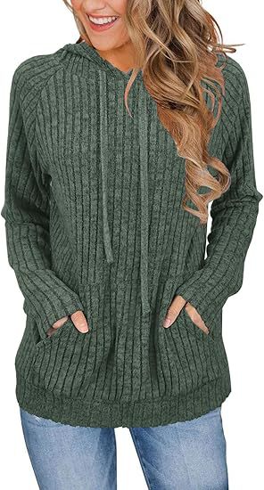 Ribbed Knit Hooded Pullover Sweatshirt with Pockets for Women