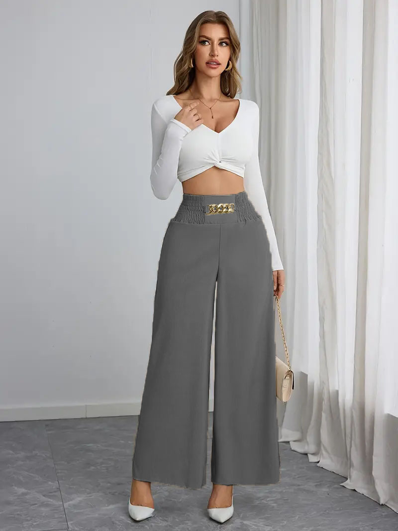 High-Waist Chain Smocked Wide-Leg Pants