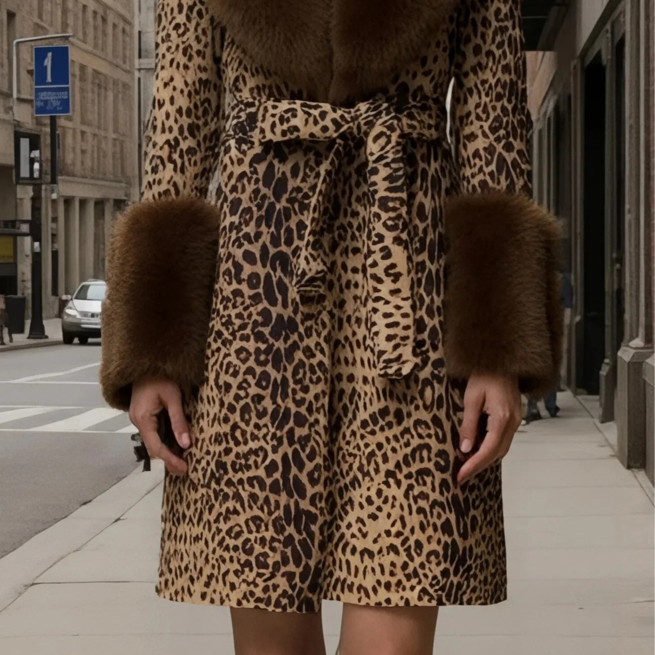 Leopard Print Digital Print Long Sleeve Faux Fur Collar Dress